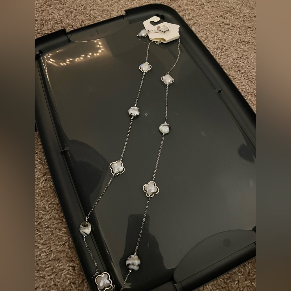 Elegant Silver and White Flower Necklace and Matching Earrings